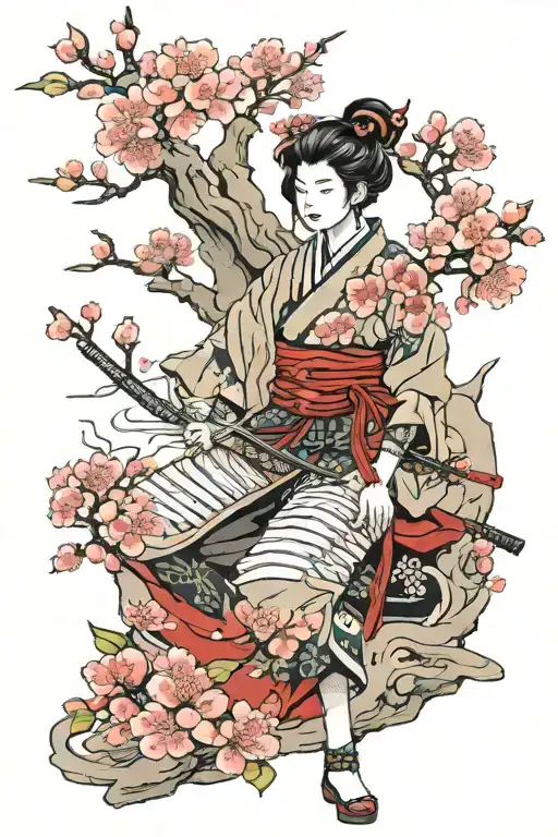 Female Samurai Warrior With Cherry Blossom Tree