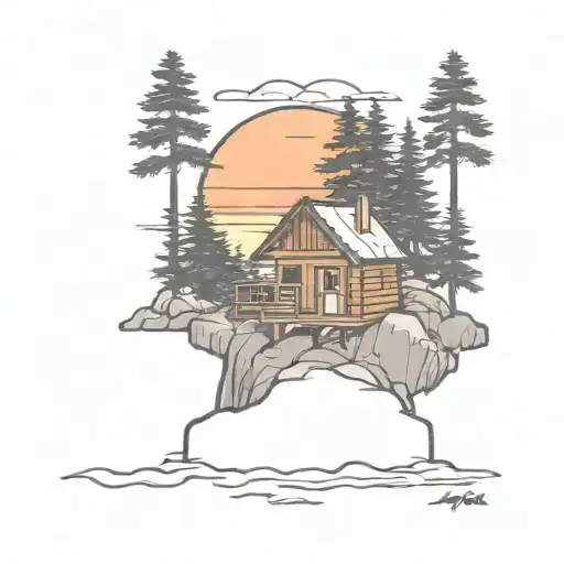 Tiny Cabin Nestled On Island With Pine Trees Colors Sunset