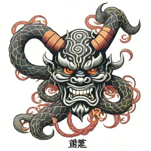 Japanese Style Oni Demon Mask With Snakes Intertwined And Red Thread Lines