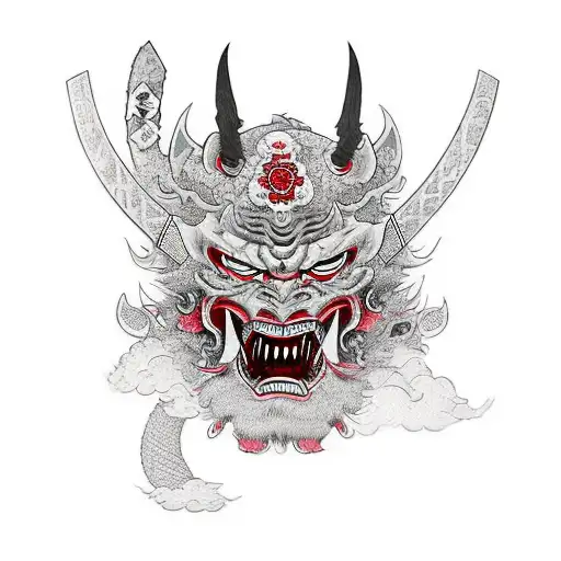 Color Mask Of Oni Deamon With Double Katana And Sakura