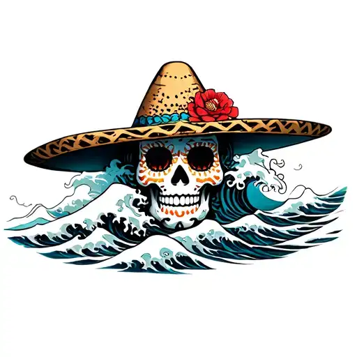 Mexican Sugar Skull Wearing Sombrero Surrounded By Japanese Waves Flowing