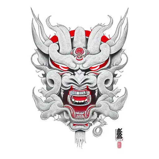 Mask Of Deamon Oni With Katana And Rift On Face