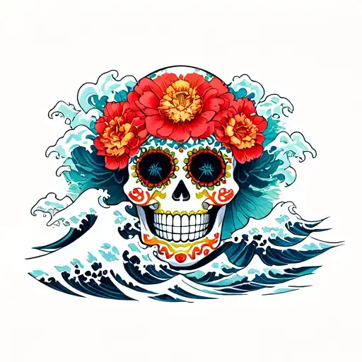 Mexican Sugar Skull Surrounded By Japanese Waves Flowing