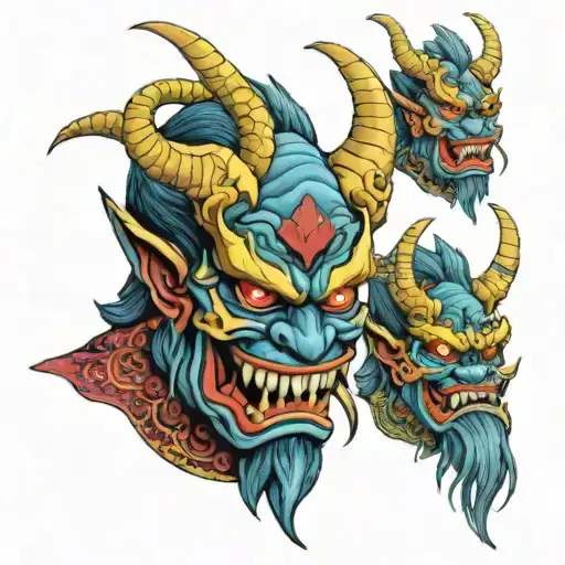 Colorful Japanese Style Oni Demon Mask With Snakes Wrapped Loosely