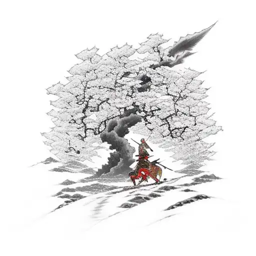 Japanese God Hachiman From The Game Smite Riding A Horse Holding Bow In Front Of Cherry Blossom Tree