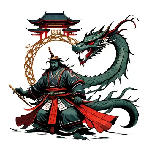 Samurai With Temple In The Back Surrounded By Ouroboros Dragon Graphic Sketch