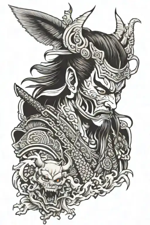 Samurai With Oni Demon Mask