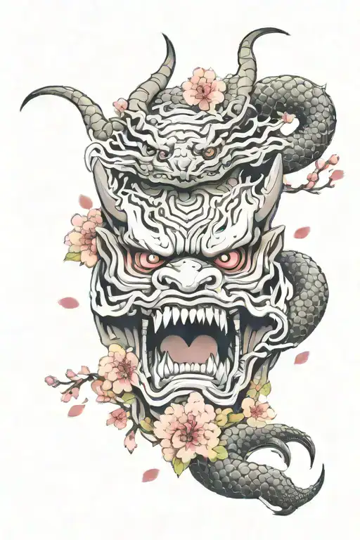 An Oni Mask Surrounded By Cherry Blossom Petals And A Dragon Coiling Itself Around The Background