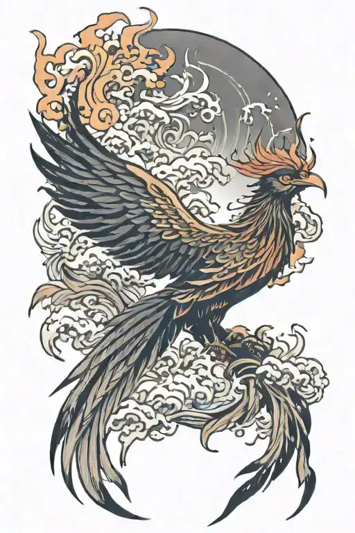 A Japanese Phoenix With A Huge Burning Sun Upon Him