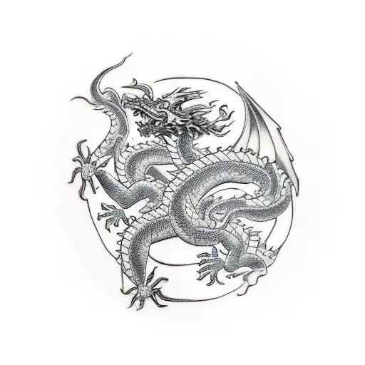 Three Headed Dragon With Heads Going Different Ways Tattooed On Thigh With Tail Wrapping Around