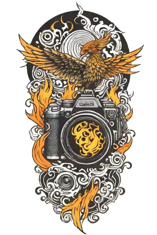 Phoenix Rising From Flames Of A Camera Lens Morphing
