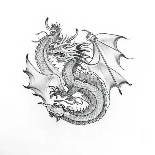 Dragon Wrapped Around A Sword And A Tree