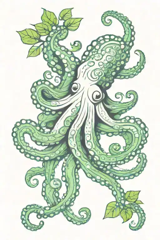 Cute Octopus And Green Leaves Thick Lines Connecting Different
