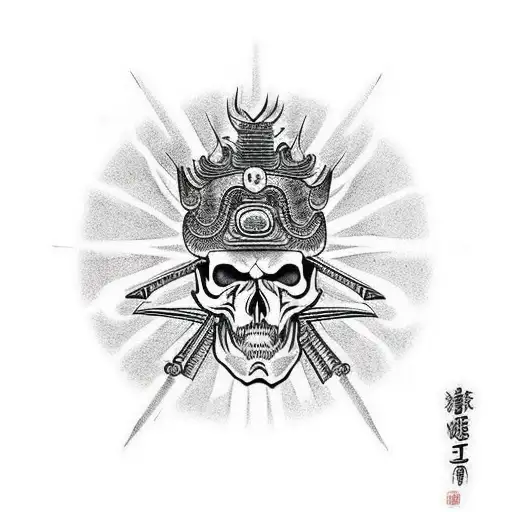 Skull With Flames Wearing A Samurai Helmet