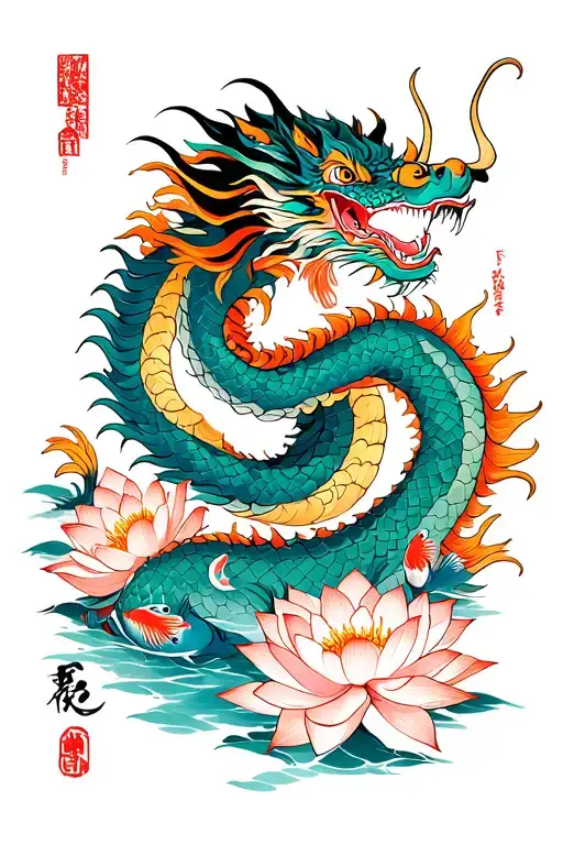 Japanese Dragon With Lotus Flowers And Fish And Leon Fu