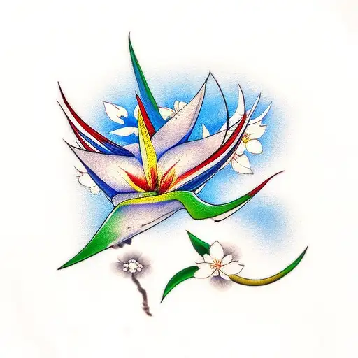 Bird Of Paradise And Cherry Blossoms