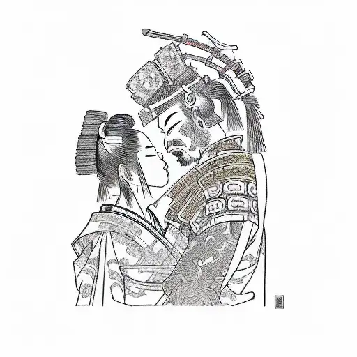 A Samurai And A Woman Kissing