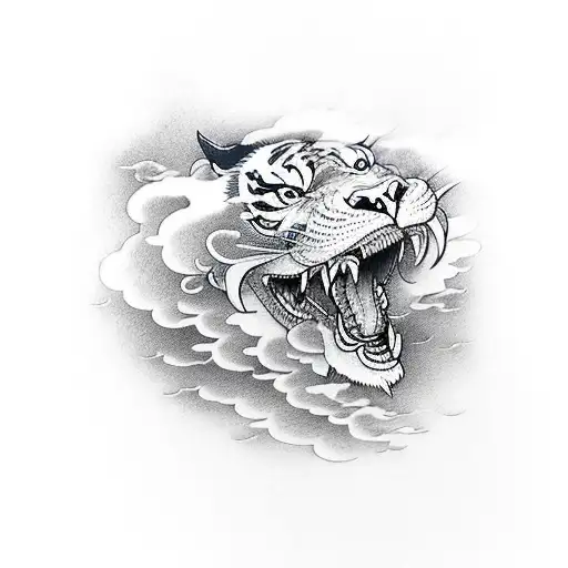 Shaded Dragon Tattoo Fighting A Tiger In Clouds