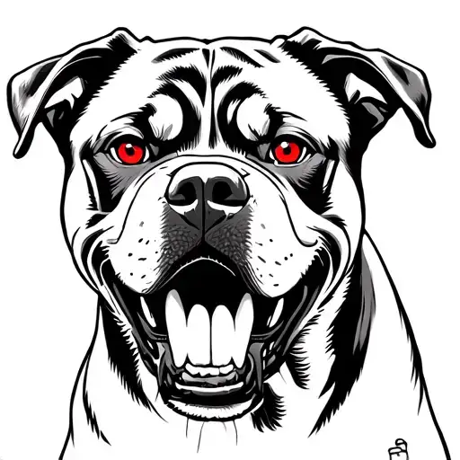 A Rottweiler And Timbetten Mastiff Mix With Mouth Open Looking Mean With Teeth Showing With Red Eyes
