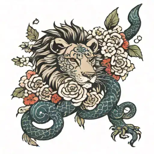 Lion Snake With Flowers And Flower Petals On Forearm
