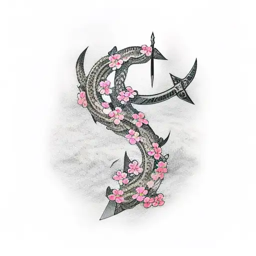 Cherry Blossom On Smaurai Sword Surrounding Nordic Runes