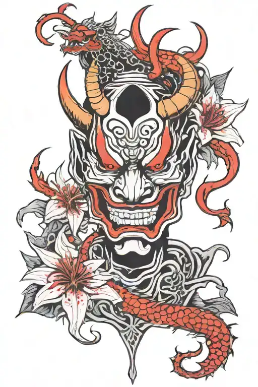 A Hannya Oni Whith A Black And White Dragon Red Spider Lily