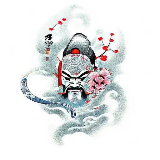 Samurai With Waves And Cherry Flowers