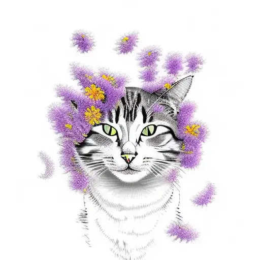 Cat Riding A Horse Through A Field Of Violet Flowers