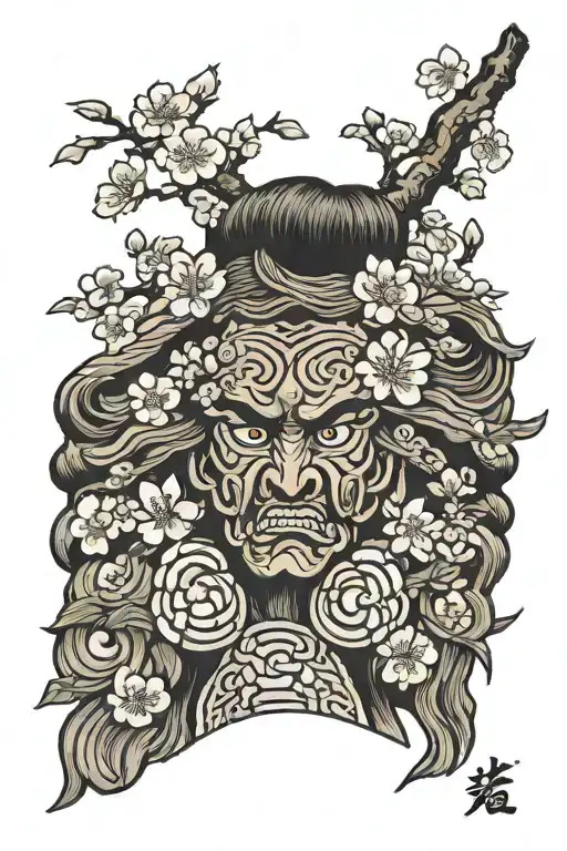 Japanese Head With Sakura In The Background