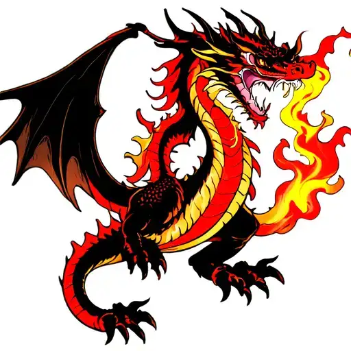 Fire Breathing Dragon With Wings Spread Red Gold