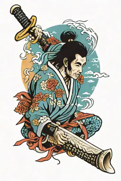 A Colored Tattoo Design Of A Samurai Sharpening His Sword With A Piece Of Bone