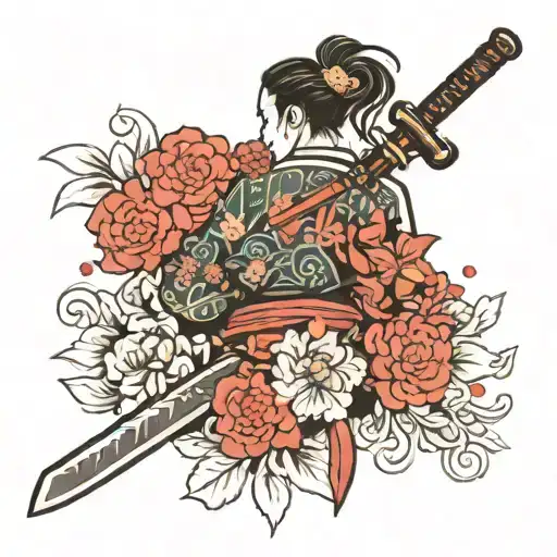 Create Me A Back Design With Flowers And An Onii With A Sword