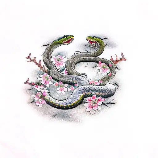 Cherry Blossoms And Angry Snake
