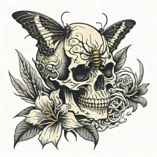 Skull And Spider Lily And Bee