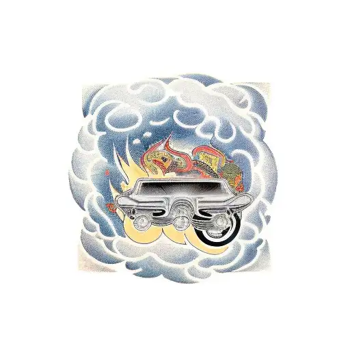 A Vintage Car Speeding Through A Fiery Tunnel With Musical Instruments In The Background