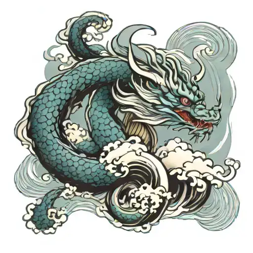 Japanese Dragon Created Out Of Smoke Ocean Waves And Sky Background On The Forearm
