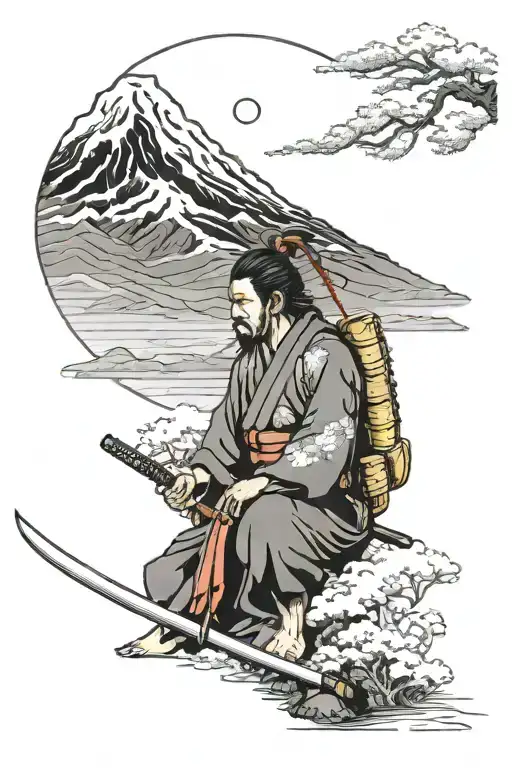 Mount Fuji And Samurai Warrior Sit Alone
