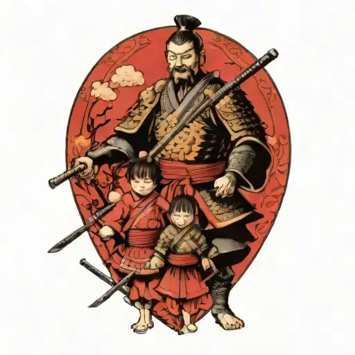 Samurai In Full Armor Ready For War With Two Children Holding His Begging Him Not To Leave