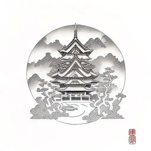 Temple Ark With Samurai Clouds And Cherry Blossom