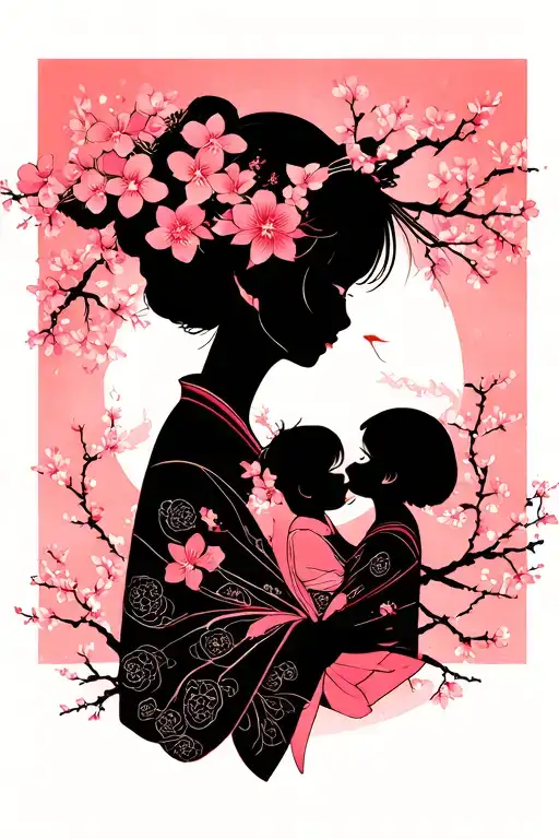 Sakura Flower And Baby Girl Siluet