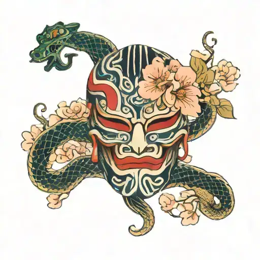 Hanya Mask With Snake And Sakura Flowers