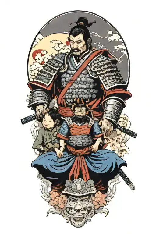 Samurai In Full Armor Ready For War With Two Children Holding His Begging Him Not To Leave