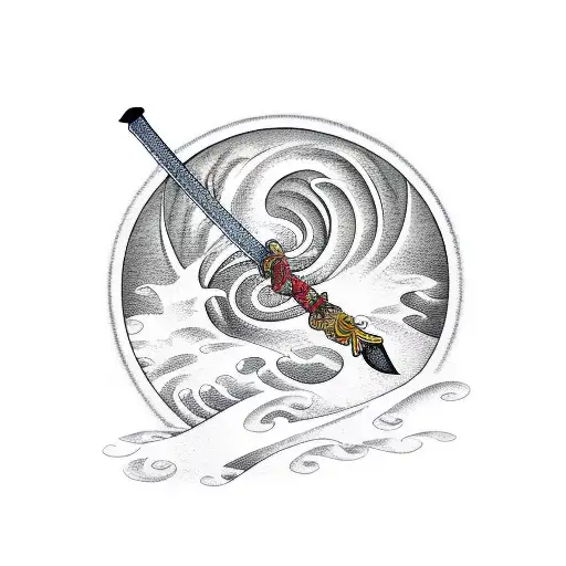 A Japanese Katana Sword On A Background Of Japanese Style Wave And Shadows