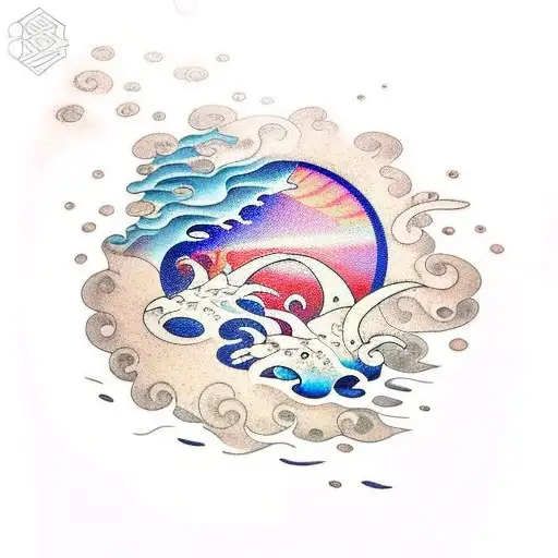 Ocean Themed Tattoo With A Sunset Background And A Bouquet Of Flowers Floating In The Water