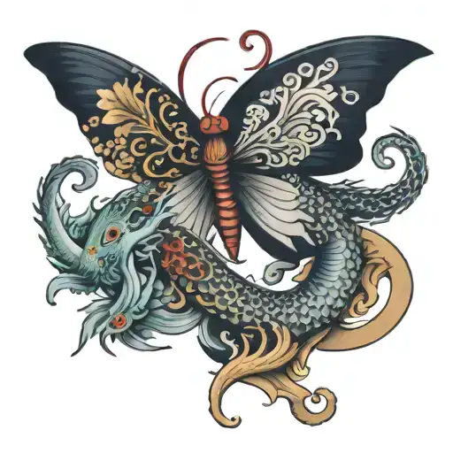 Symmetrical Fish And Dragons Forming A Butterfly