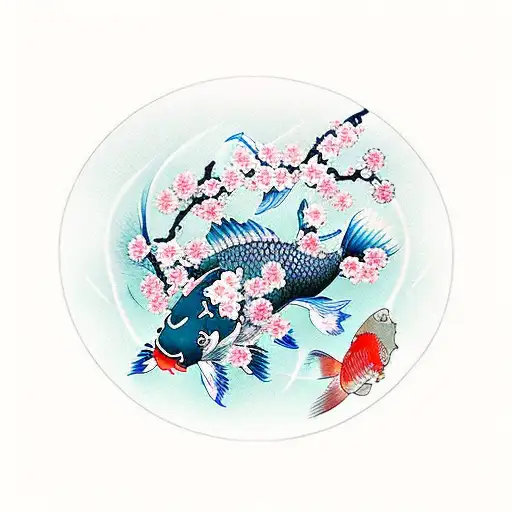 Cherry Blossom With Koi Fish And With The Words Koi No Yokan