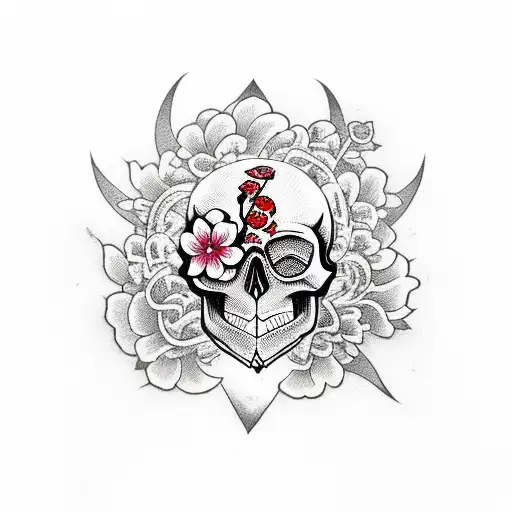 Skull With Dagger Cherry Blossom Around The Daggar
