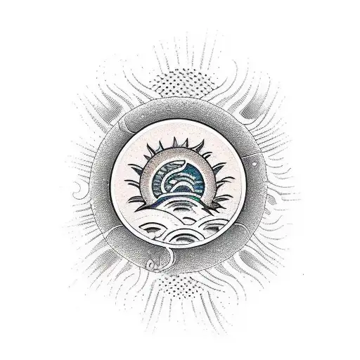 A New-school Style Tattoo Of A Sunset Over A Beach With Surf Fishing Poles In The Sand