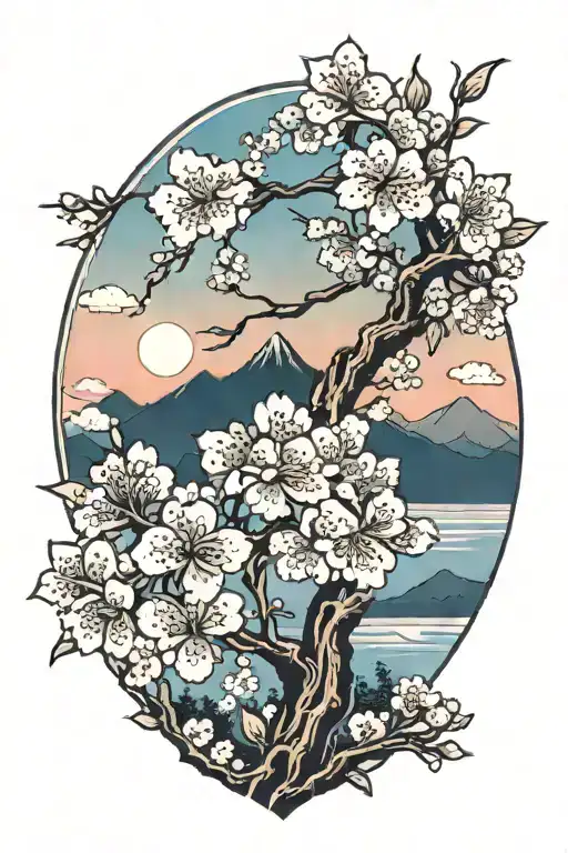 Cherry Blossom Trees With Rising Sun And 3 Blank Rhombuses As Fillers