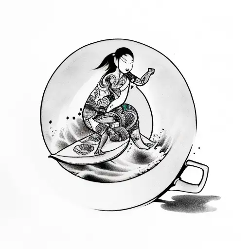 Girl Surfing Holding Mug Of Coffee
